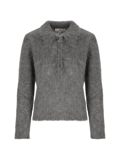 Chloé Smoky Grey Alpaca Blend Brushed Knit Polo Shirt In Gray