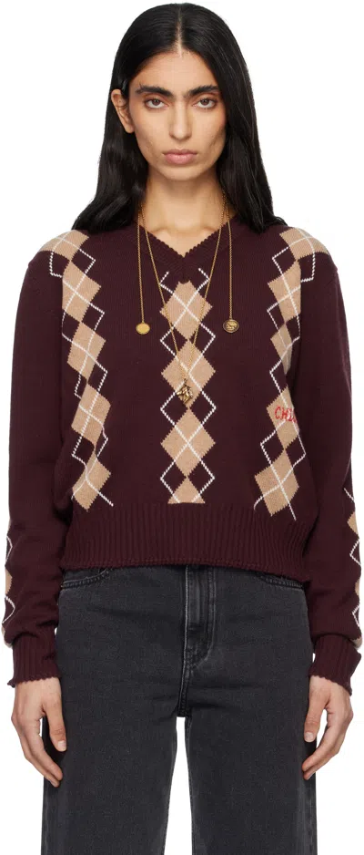 Chloé Burgundy Argyle Knit Wool Sweater