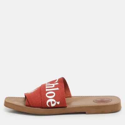 Pre-owned Chloé Burgundy Logo Print Canvas Woody Flat Slides Size 39