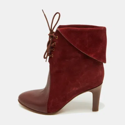 Pre-owned Chloé Burgundy Suede And Leather Kole Lace Up Booties Size 38