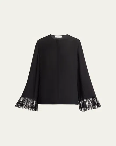 Chloé Button Down Crepe De Chine Top With Lace Sleeves In Black