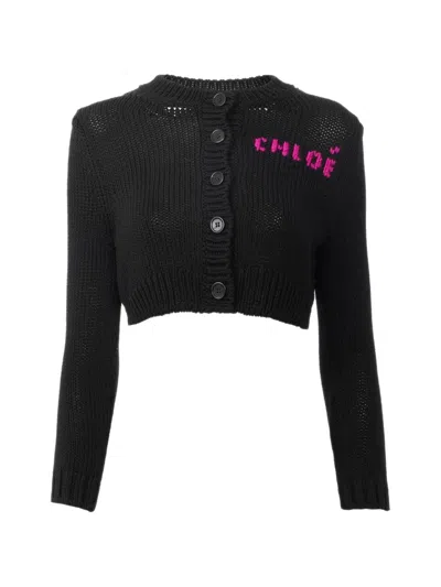 Chloé Cropped Fitted Logo Cardigan In A Cotton Knit In Black
