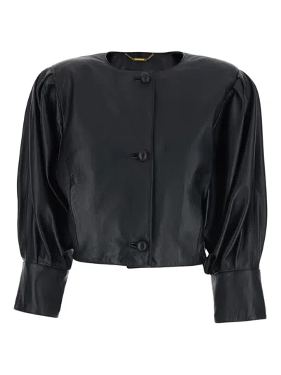Chloé Women Black Crewneck Jacket With Front Button Closure In Leather Woman In Multi