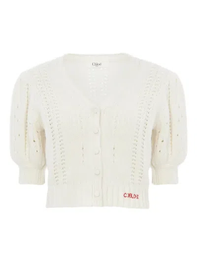 Chloé Button Puff-sleeve Cardigan In White