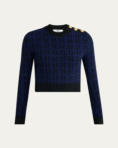 CHLOÉ BUTTON-SHOULDER BOUCLE KNIT CROP SWEATER