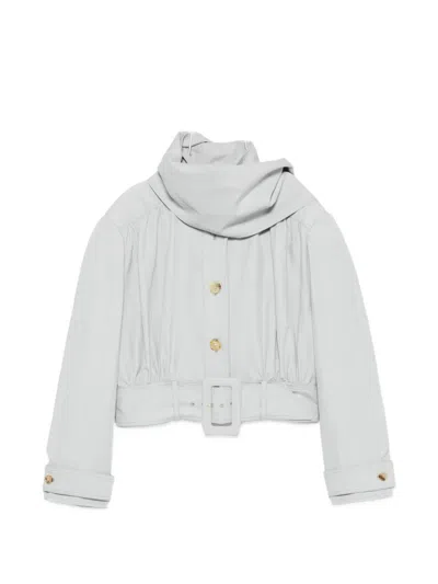 Chloé Belted Scarf-detailed Gathered Linen And Cotton-blend Jacket In Blue