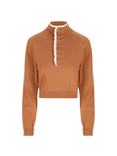 Chloé Button-up Lace-trim Sweater In Multi