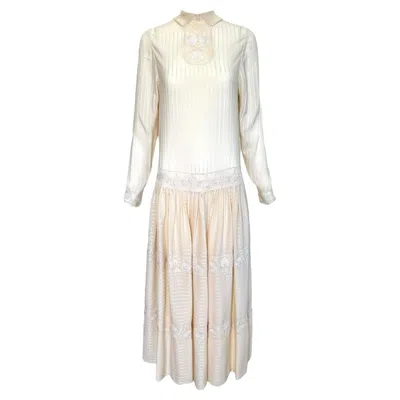 Pre-owned Chloé By Karl Lagerfeld 1970's Ecru Silk 1920's Inspired Drop Waist Dress In Brown