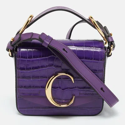 Pre-owned Chloé C Mini Purple Croc Embossed Leather Crossbody Bag