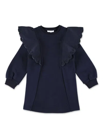 CHLOÉ BLUE LONG SLEEVE DRESS WITH MAXI VOLANT IN COTTON GIRL