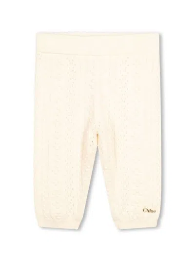 Chloé White Knitted Pants In Cotton And Wool Blend Baby