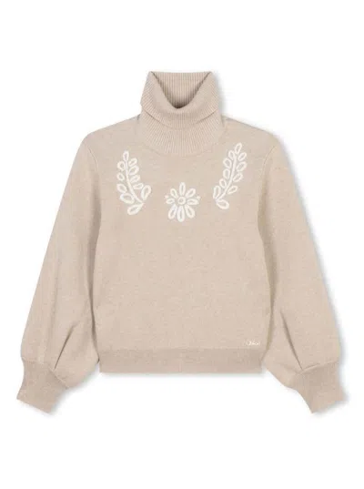 Chloé Kids' Roll-neck Knitted Jumper In Beige
