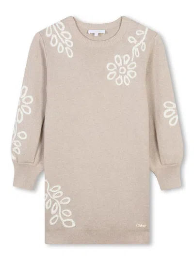 CHLOÉ BEIGE CREWNECK DRESS WITH EMBROIDERIES IN COTTON AND WOOL GIRL