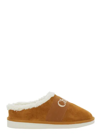 CHLOÉ BEIGE SLIP-ON MULE WITH LOGO LETTERING IN SUEDE GIRL