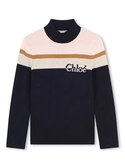 CHLOÉ BLUE SWEATER WITH JACQUARD LOGO DETAIL IN COTTON BLEND GIRL