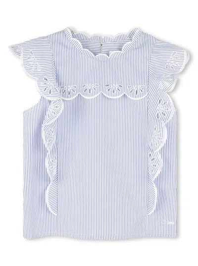 CHLOÉ LIGHT BLUE SHIRT WITH ALL-OVER STRIPED DESIGN AND EMBROIDERED DETAILS IN COTTON GIRL