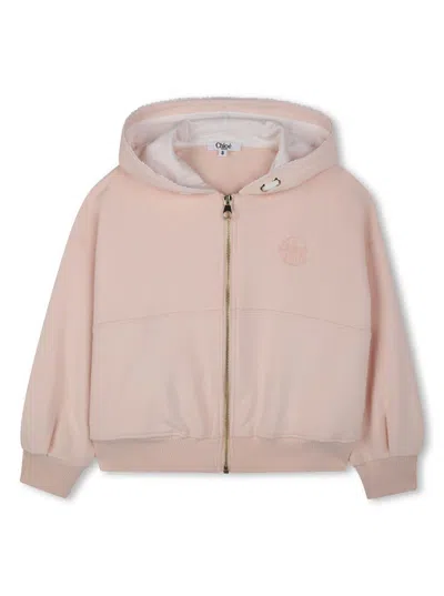 CHLOÉ PINK CARDIGAN WITH FIXED HOOD AND LOGO ON THE FRONT IN COTTON GIRL