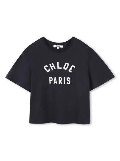 CHLOÉ BLUE T-SHIRT WITH LETTERING LOGO ON THE FRONT IN COTTON GIRL