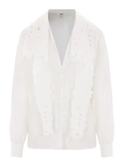 Chloé White Shirt With Embroidered Bow Tie
