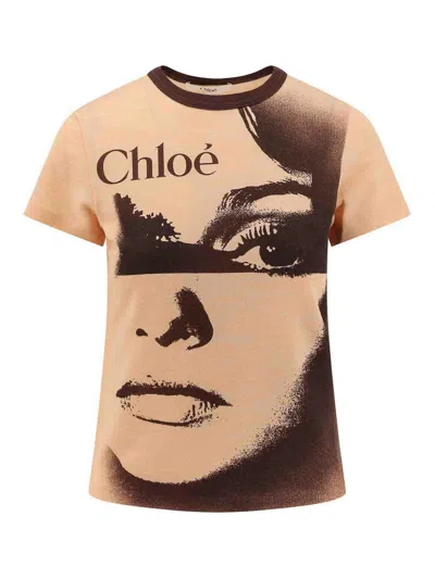 Chloé Women Multicolor Crewneck T-shirt With Maxi Graphic Print On The Front In Wool Blend Woman In Neutral