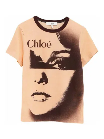 Chloé Women Multicolor Crewneck T-shirt With Maxi Graphic Print On The Front In Wool Blend Woman In Neutral