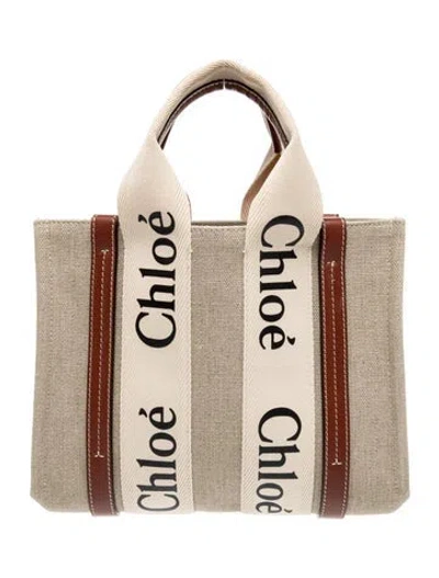 Pre-owned Chloé Canvas Chloe Small Woody Logo Strap Linen Tote In Neutral