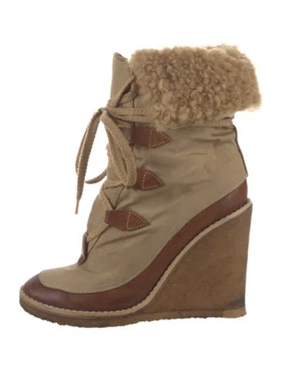 Pre-owned Chloé Canvas Colorblock Pattern Lace-up Boots In Brown