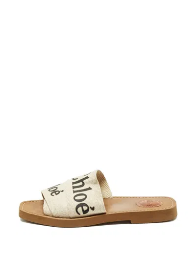 Pre-owned Chloé Canvas Logo Slides In Neutral