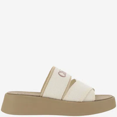 Chloé Canvas Sandals With Logo In Beige/white