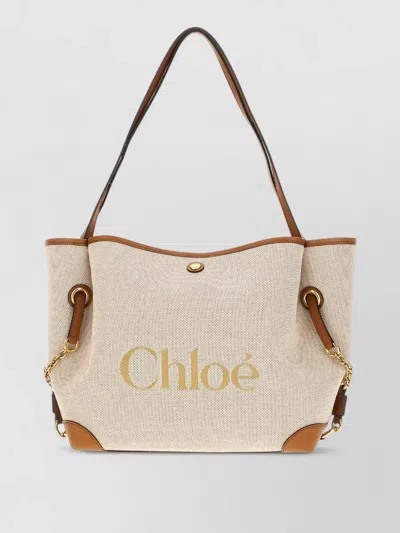 Chloé Canvas Shoulder Tote Bag Chain Detail In White