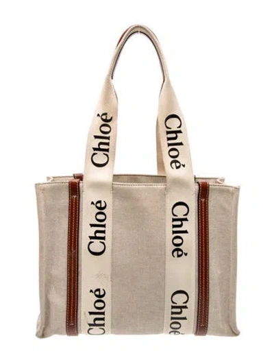 Pre-owned Chloé Canvas Woody Tote Bag Medium In Neutral