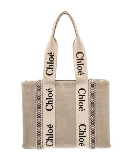 Pre-owned Chloé Canvas Woody Tote Medium In Neutral