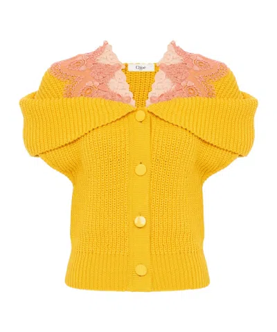 Chloé Lace-trimmed Ribbed-knit Cotton Cardigan In Yellow