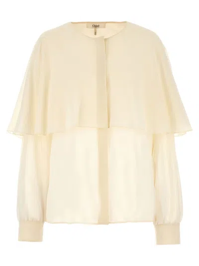 Chloé Long-sleeved Cape Blouse In Silk Georgette In White