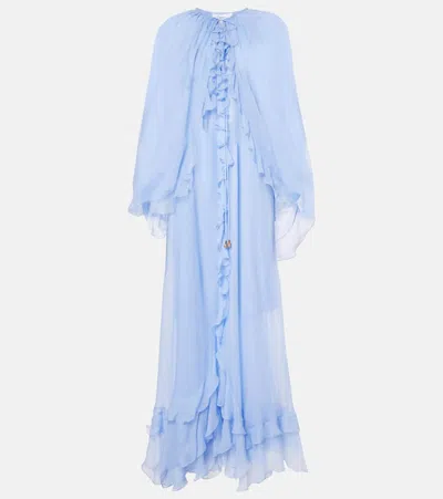 Chloé Robe Cape Longue Volantée En Mousseline De Soie Femme Bleu Taille 38 100% Soie In Blue