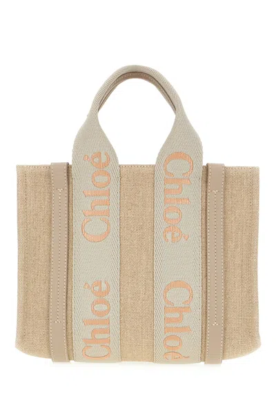 Chloé Small Woody Tote Bag Linen In Vintage Khaki