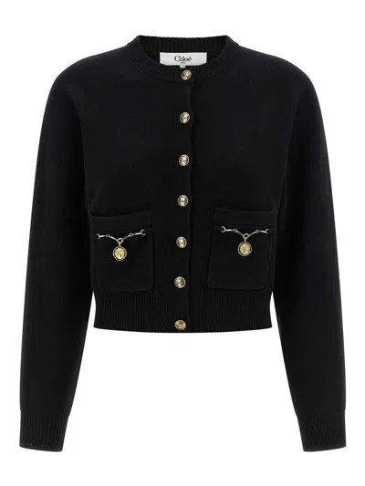 Chloé Chloe Embellished-pocket Wool And Cashmere-blend Cardigan In Black
