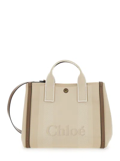 CHLOÉ CHLOÉ 'CARRY LARGE' BEIGE HANDBAG WITH LOGO PRINT ON THE FRONT IN COTTON CANVAS WOMAN