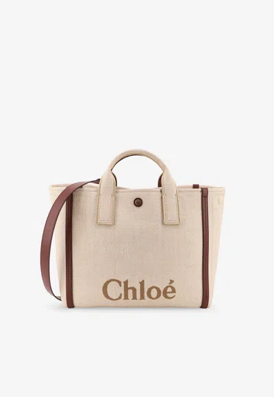 Chloé Carry Logo Jacquard Raffia Top Handle Bag In Sand