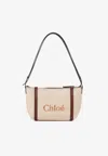 Chloé Structured Canvas Shoulder Bag With Leather Accents In Sand