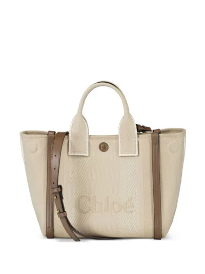 Chloé Carry Small Tote Bag In Beige Striped Canvas In Brown
