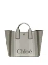 Chloé Carry Small Tote Bag In Dark Green Striped Canvas In Gray