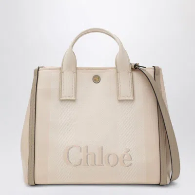 Chloé Carry Tote Bag In Beige Striped Canvas In Pink