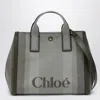 Chloé Carry Small Tote Bag In Dark Green Striped Canvas In Gray