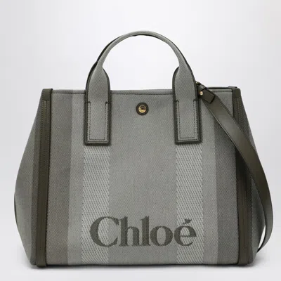 CHLOÉ CHLOÉ CARRY TOTE BAG IN DARK GREEN STRIPED CANVAS
