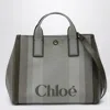 Chloé Carry Tote Bag In Dark Green Striped Canvas In Blue