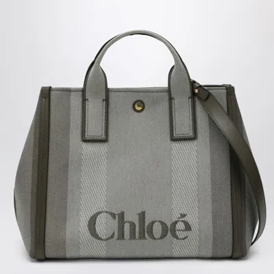 Chloé Carry Tote Bag In Dark Green Striped Canvas In Blue