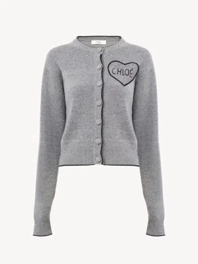 Chloé Wool And Cashmere Cardigan With Logo Knitwear Grey In Gray