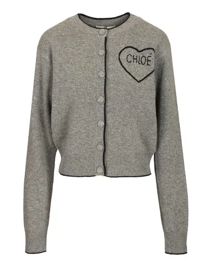 Chloé Wool And Cashmere Cardigan With Logo Knitwear Grey In Gray