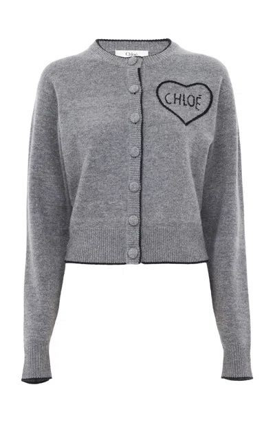 Chloé Cashmere-wool Logo-detailed Ribbed Knit Cardigans In Gray